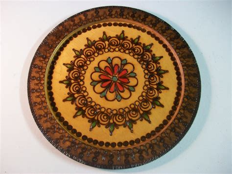 Round Carved Wood Plate Vintage Floral Pattern Wooden Tray