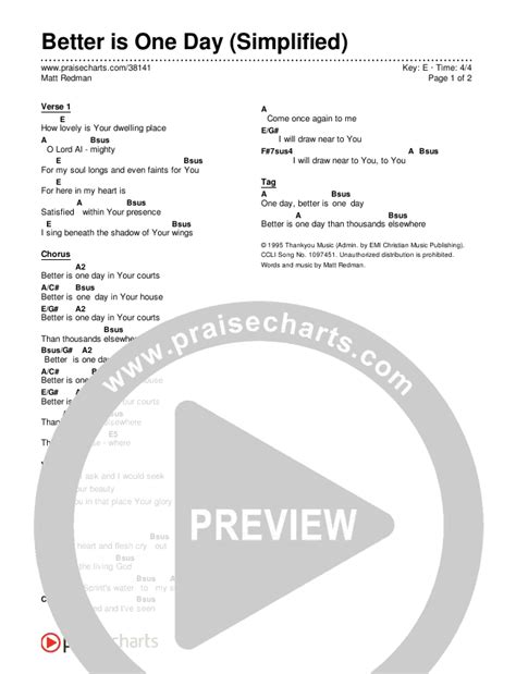 Better Is One Day (Simplified) Chords PDF (Matt Redman) - PraiseCharts