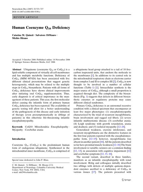 (PDF) Human Coenzyme Q10 Deficiency