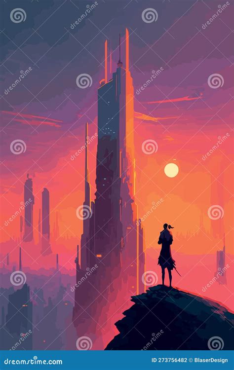 Poster of Futuristic City. Cyberpunk World. Video Game Concept Art. Artistic Vector Art. Man ...