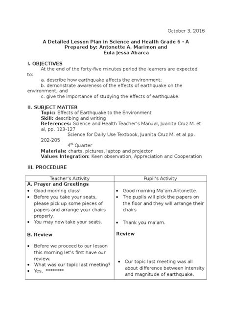 6th Grade Science Lesson Plan Outline