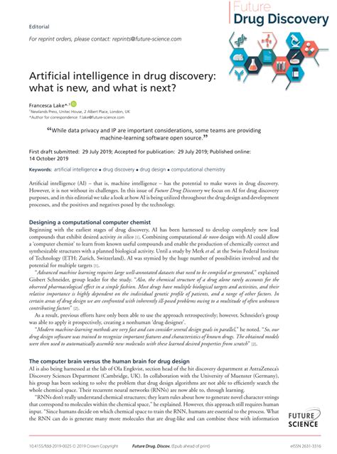 (PDF) Artificial intelligence in drug discovery: what is new, and what is next?