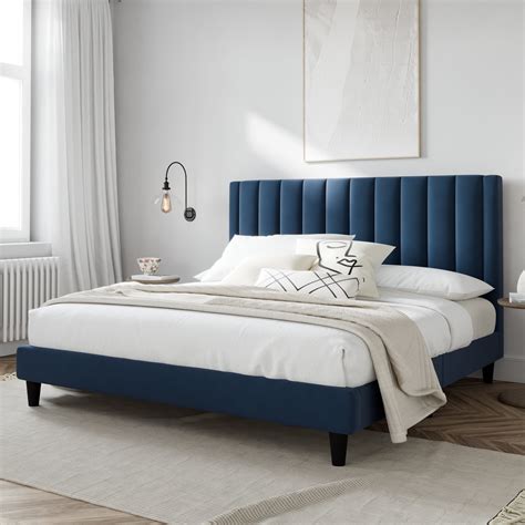 Amolife King Size Platform Upholstered Bed Frame with Velvet Channel Headboard, Dark Blue ...