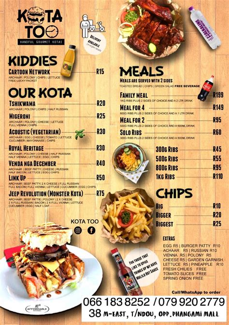 Menu at Kota Too restaurant, Thohoyandou