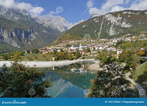 Molveno Lake panorama stock photo. Image of tourism - 136175046