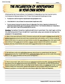 Declaration of Independence Analysis Worksheet Common Core | TPT