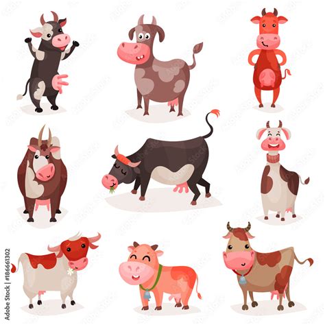 Cute cow characters set, funny cows in different positions cartoon vector Illustrations Stock ...