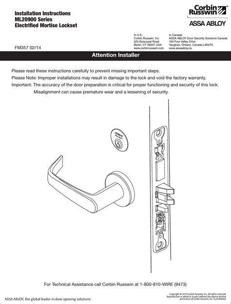 Corbin Russwin ML20900 Electrified Mortise Lock Installation Instructions FM357 ML209002802 ...