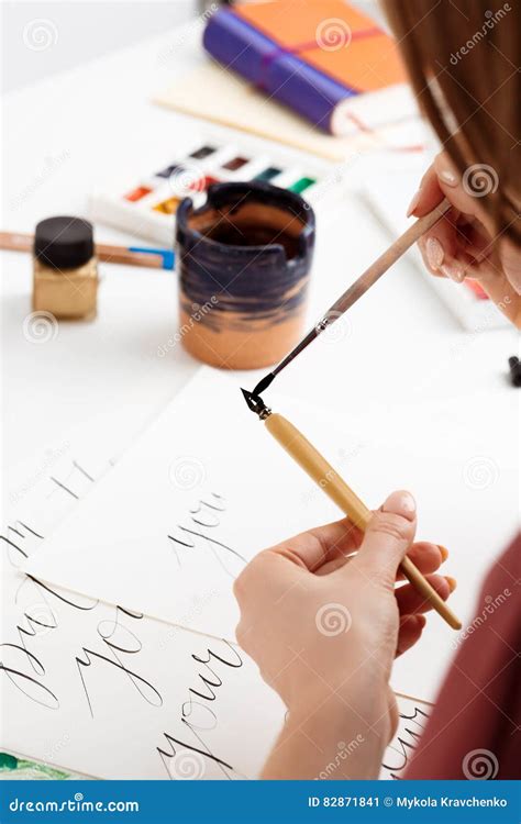 Girl Writing Calligraphy on Postcards. Art Design Stock Image - Image of style, color: 82871841