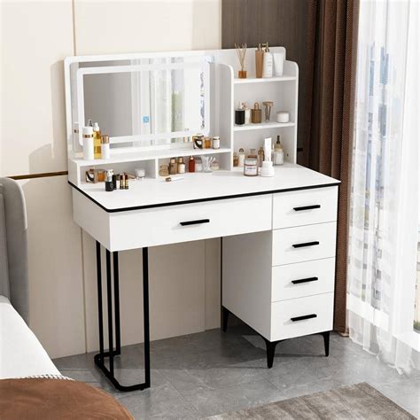 FUFU&GAGA 5-Drawers Modern Makeup Vanity Desk Wood Dressing Table in Black and White with 3 ...