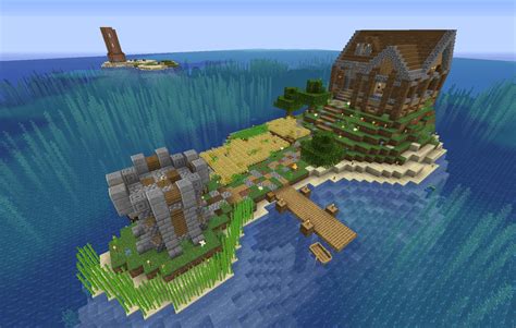 My survival island. WIP lighthouse in the background. Thoughts? : r/Minecraft