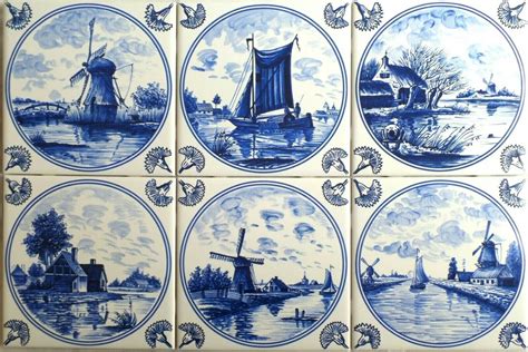 Blue Delft Ceramic Tile 6" x 6" set of 6 Wind Mill Boat House Kiln Fired Decor Nautical