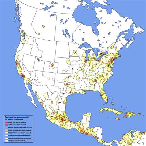 Map : North America population density, absolute amount of 1.5 million people per surface ...