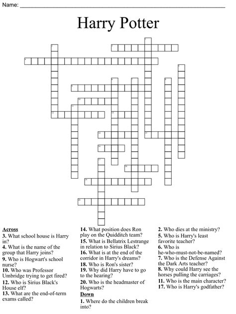 Crossword Puzzle Harry Potter Free Printable