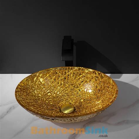 Modern Oval Gold Bathroom Tempered Glass Sink And Tap Set
