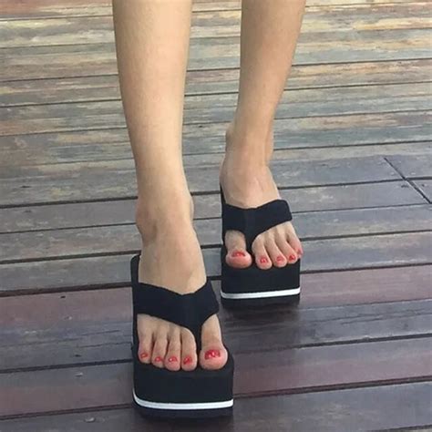 Pop Tide Black Wedge Platform Flip Flops Woman Shoes Nice Summer Women Shoes High Heels Beach ...