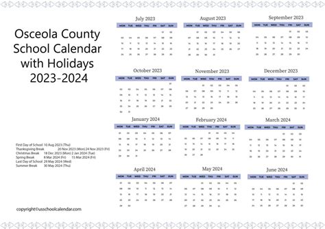 Osceola County School Calendar with Holidays 2023-2024