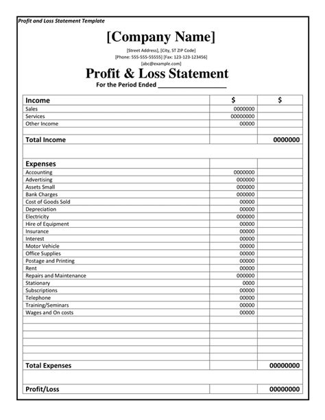 Profit and Loss Statement Template in Word and Pdf formats