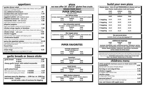 Organ Piper Pizza Palace menu in Greenfield, Wisconsin, USA