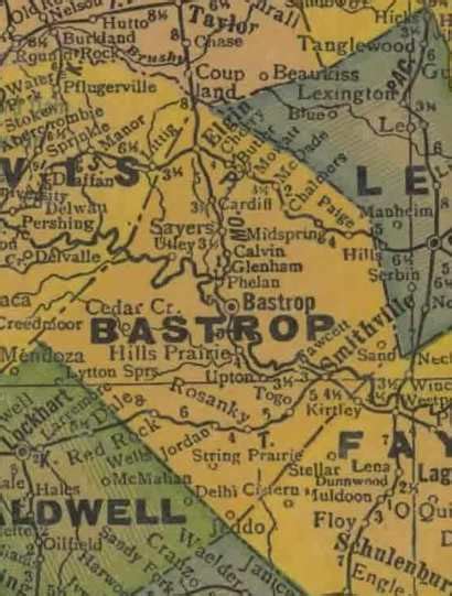 Bastrop County Texas history, town list, vintage maps.