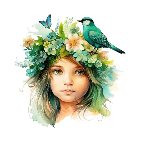 Premium Vector | Bird standing on the head of a girl with a wreath of flowers watercolor paint