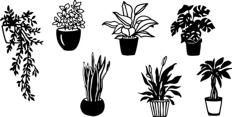 Black and white silhouettes of house plants in pot. Vector doodles ...