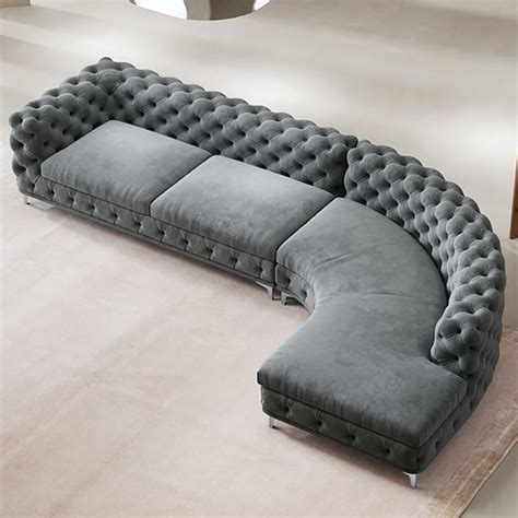 L-Shaped Curved Gray Sectional Sofa Upholstered Velvet Chesterfield Sofa | Homary