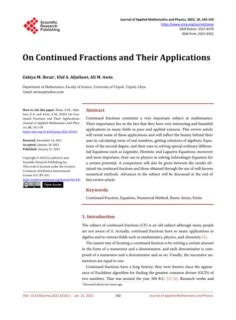 (PDF) On Continued Fractions and Their Applications