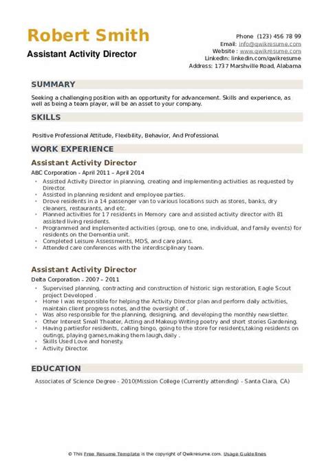 Assistant Activity Director Resume Samples | QwikResume