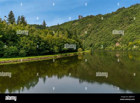 Saarschleife (river Saar loop) in Mettlach, Saarland, view from a sightseeing ship. Saar loop is ...