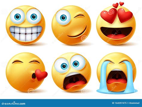 smileys emojis and emoticons face set. smiley icon or emoticon of cute yellow faces in kissing ...