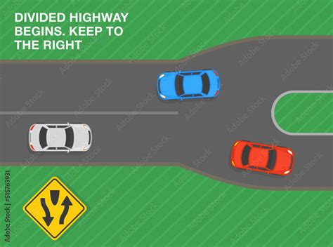 Safe driving tips and traffic regulation rules. Divided highway begins ...