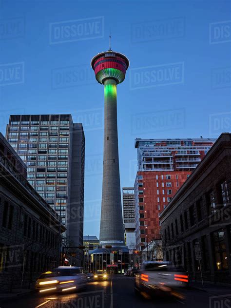 Calgary Tower at dusk; Calgary, Alberta, Canada - Stock Photo - Dissolve