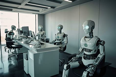 Group of robots working in the office. 3D Rendering. Robots replacing humans in the office ...