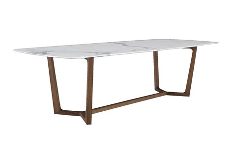 a white marble dining table with wooden legs