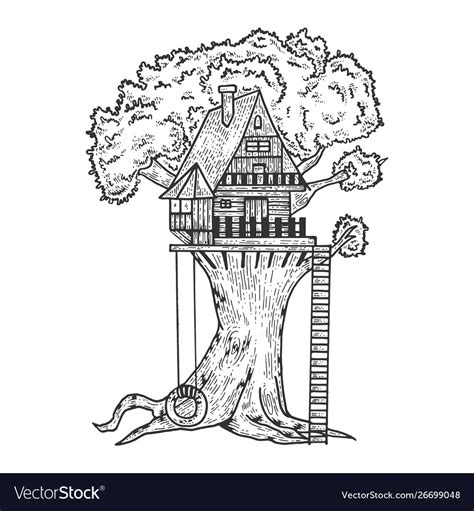 Tree house sketch engraving Royalty Free Vector Image