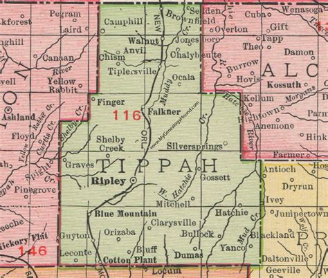 Tippah County, Mississippi, 1911, Map, Rand McNally, Ripley, Blue Mountain, Falkner