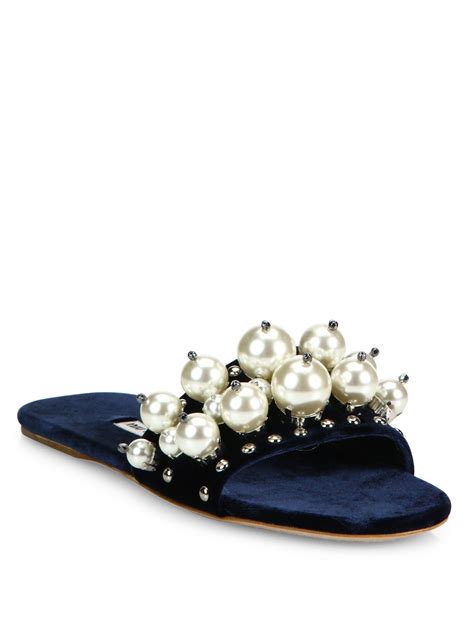 Miu Miu Pearl-embellished Velvet Slides | Lyst