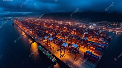 Premium Photo | A large container terminal at night with a blue sky and ...