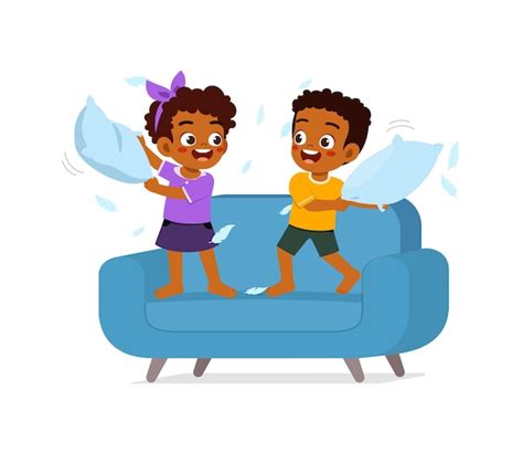 Premium Vector | Little kid play pillow fight with friend