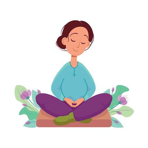 Calm girl meditating on the pillow with flowers isolated on white background. Vector clip art ...