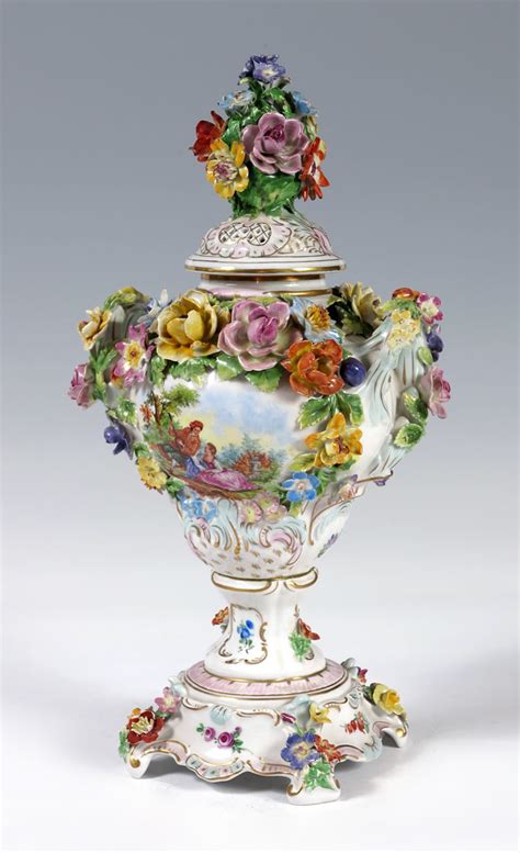 DRESDEN PORCELAIN COVERED URN /VASE: Carl Thieme, Dresden Germany. Hand painted and flower ...