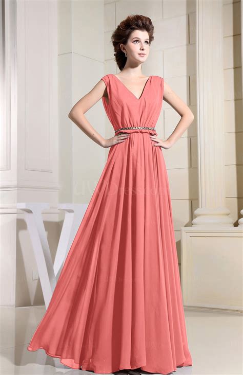 Coral Casual V-neck Sleeveless Chiffon Pleated Bridesmaid Dresses - UWDress.com