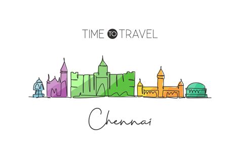 One continuous line drawing of Chennai city skyline, India. Beautiful ...