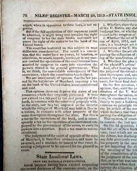 James McCULLOCH v. MARYLAND Supreme Court Landmark Case U.S. Bank 1819 ...