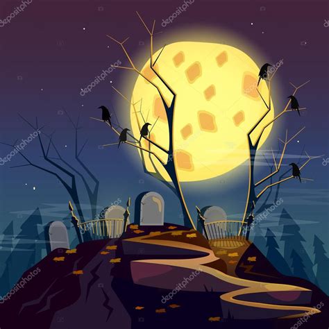 Halloween background graveyard at night cartoon spooky forest with dead trees cartoon vector ...