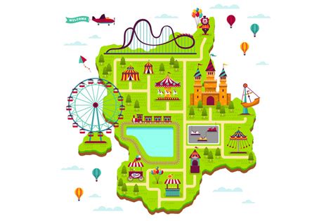 Amusement park map. Scheme elements attractions festival amuse funfair By YummyBuum | TheHungryJPEG