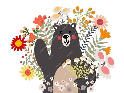 Premium Vector | Bear with Flower Doodle Illustration