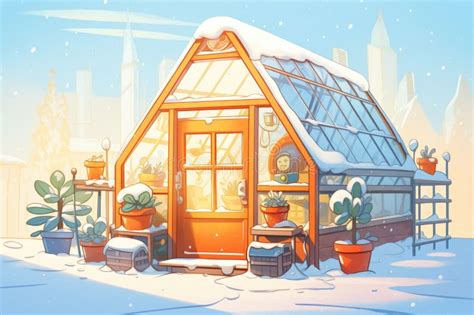 A Small Greenhouse in a Snowy Landscape, with Orange Light Inside Stock ...