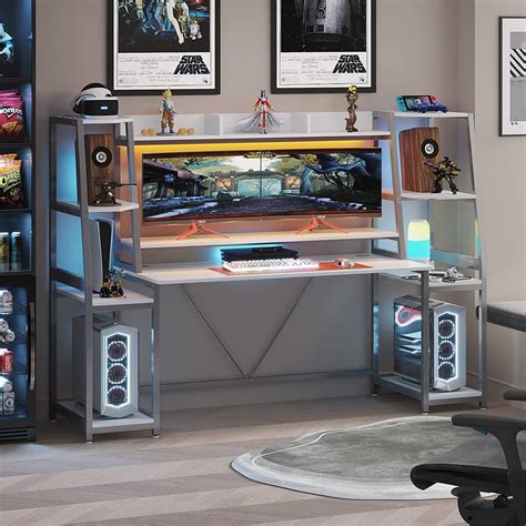 78.8" Gaming Desk with LED Lights, Hutch and Storage Shelves, Computer Desk with Monitor Stand ...